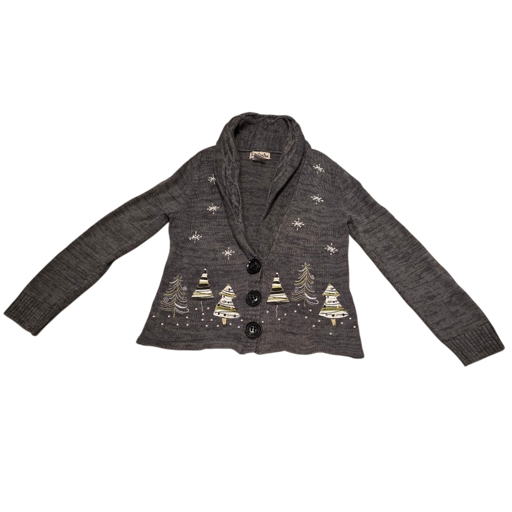 Timberlea Vintage Christmas Trees Snowflakes Embroidered Cardigan S Snap Button